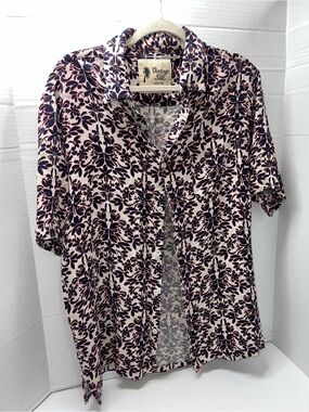 Vintage Silk Short Sleeve Button Shirt Navy Botanical Beach Hawaiian Nautical